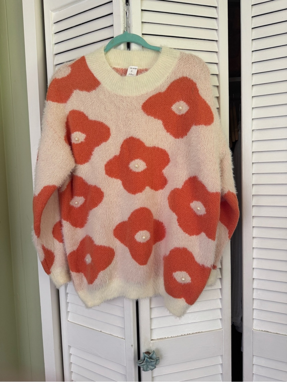 Floral Pattern Cozy Crewneck Sweater - Cream and Orange